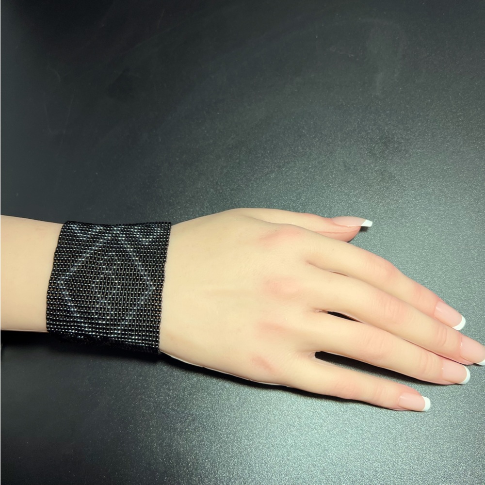 Vintage Hand Made Seed Bead Loom Wrap Bracelet Black with Silver Tribal Design